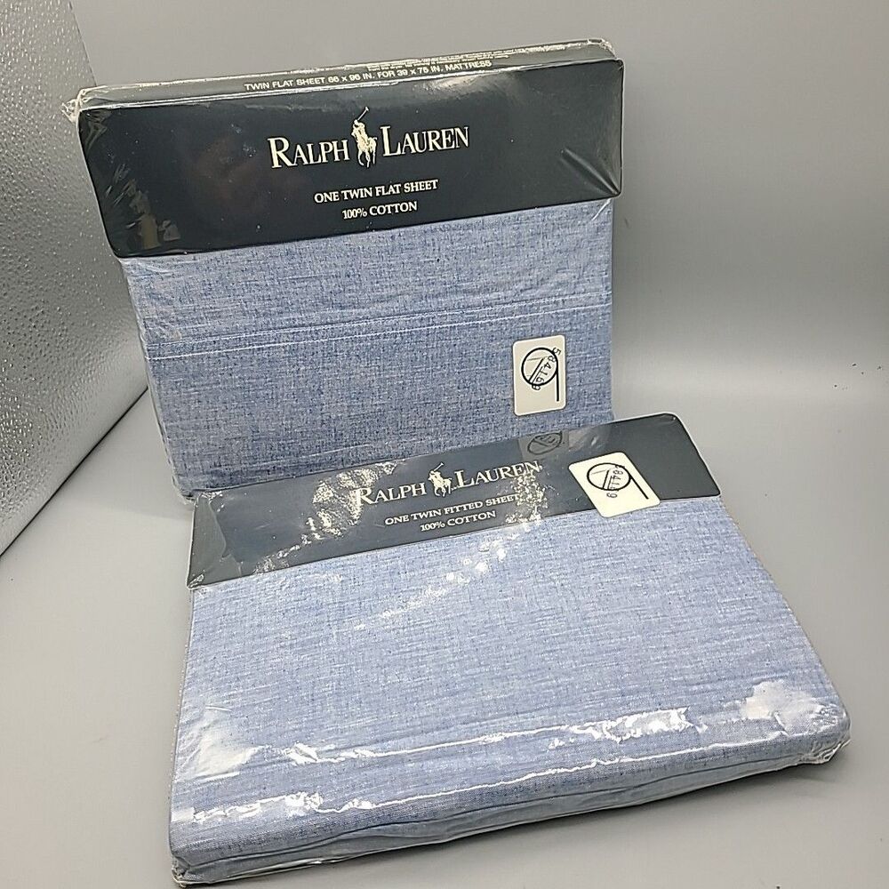 Ralph Lauren Cambray Blue Set (2) TWIN Flat+Fitted Sheets USA 100% Cotton New